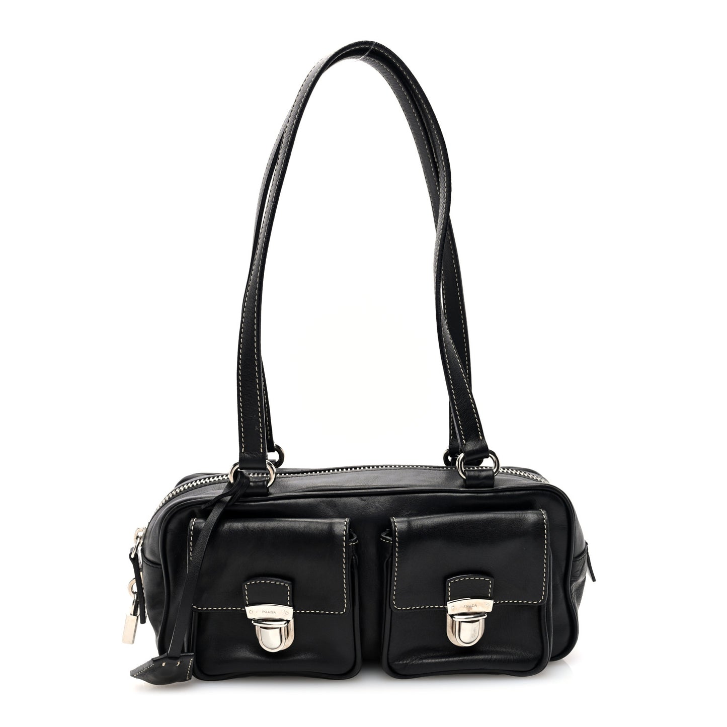 Vitello Heavy Push Lock Pocket Shoulder Bag Black