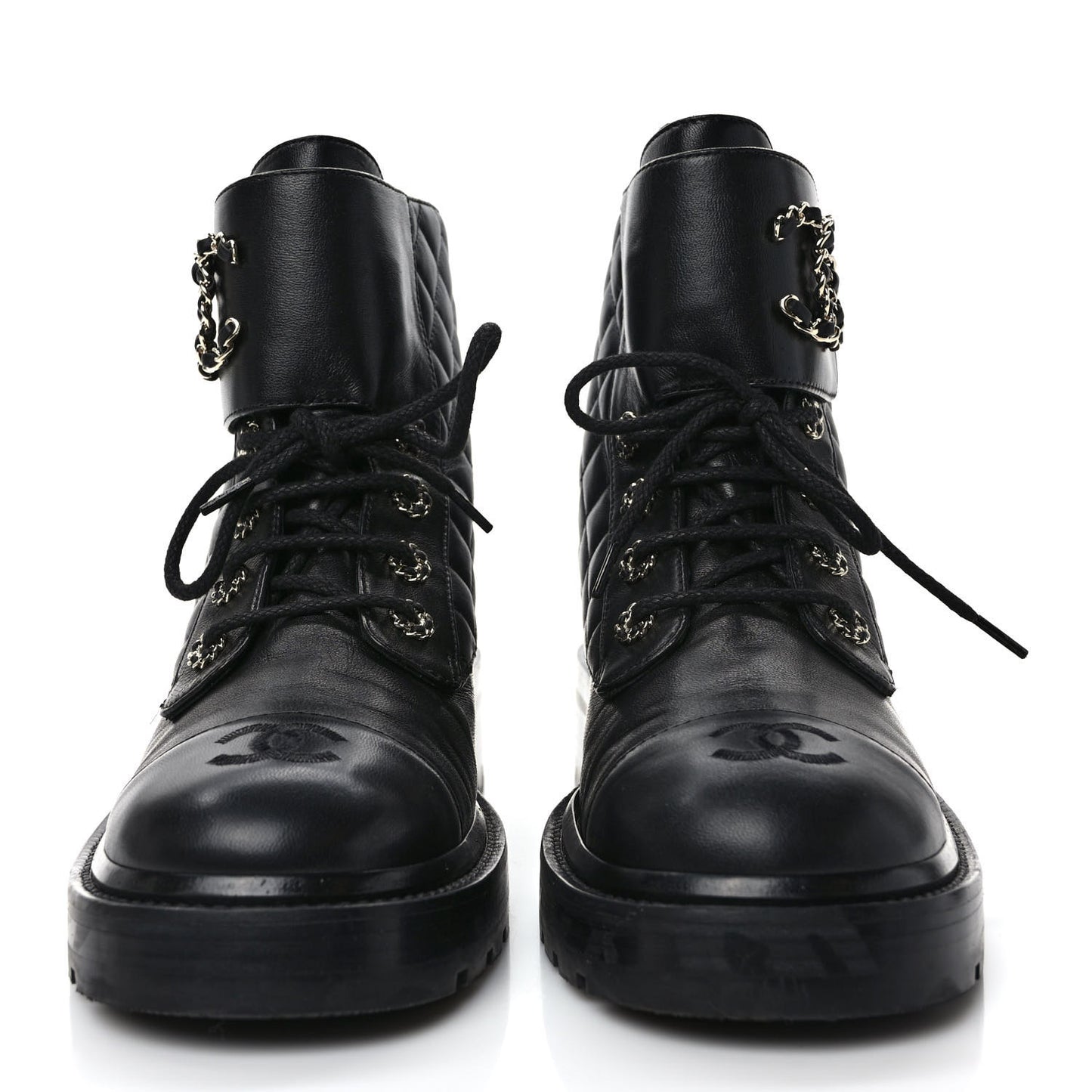 Shiny Calfskin Quilted Lace Up Combat Boots 41 Black