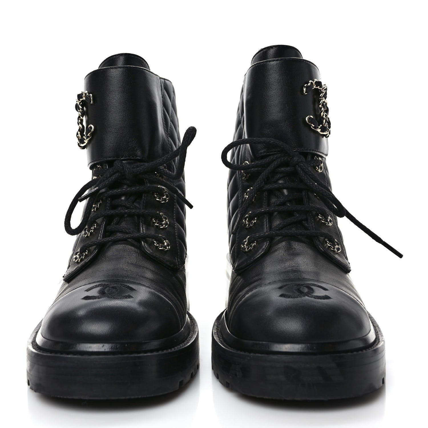 Chanel Shiny Calfskin Quilted Lace Up Combat Boots 41 Black 2 of 9
