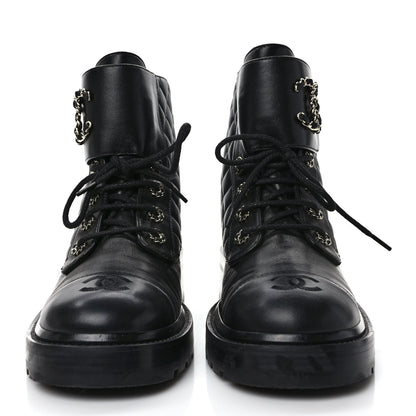Chanel Shiny Calfskin Quilted Lace Up Combat Boots 41 Black 2 of 9
