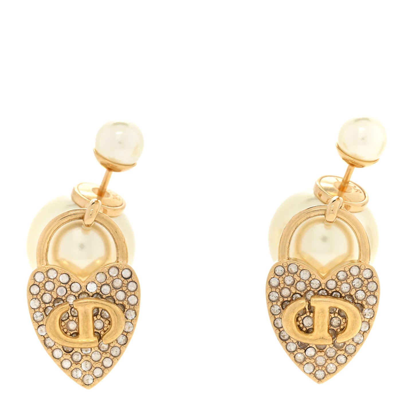 Pearl Crystal Dior Heart Tribales Drop Earrings Gold