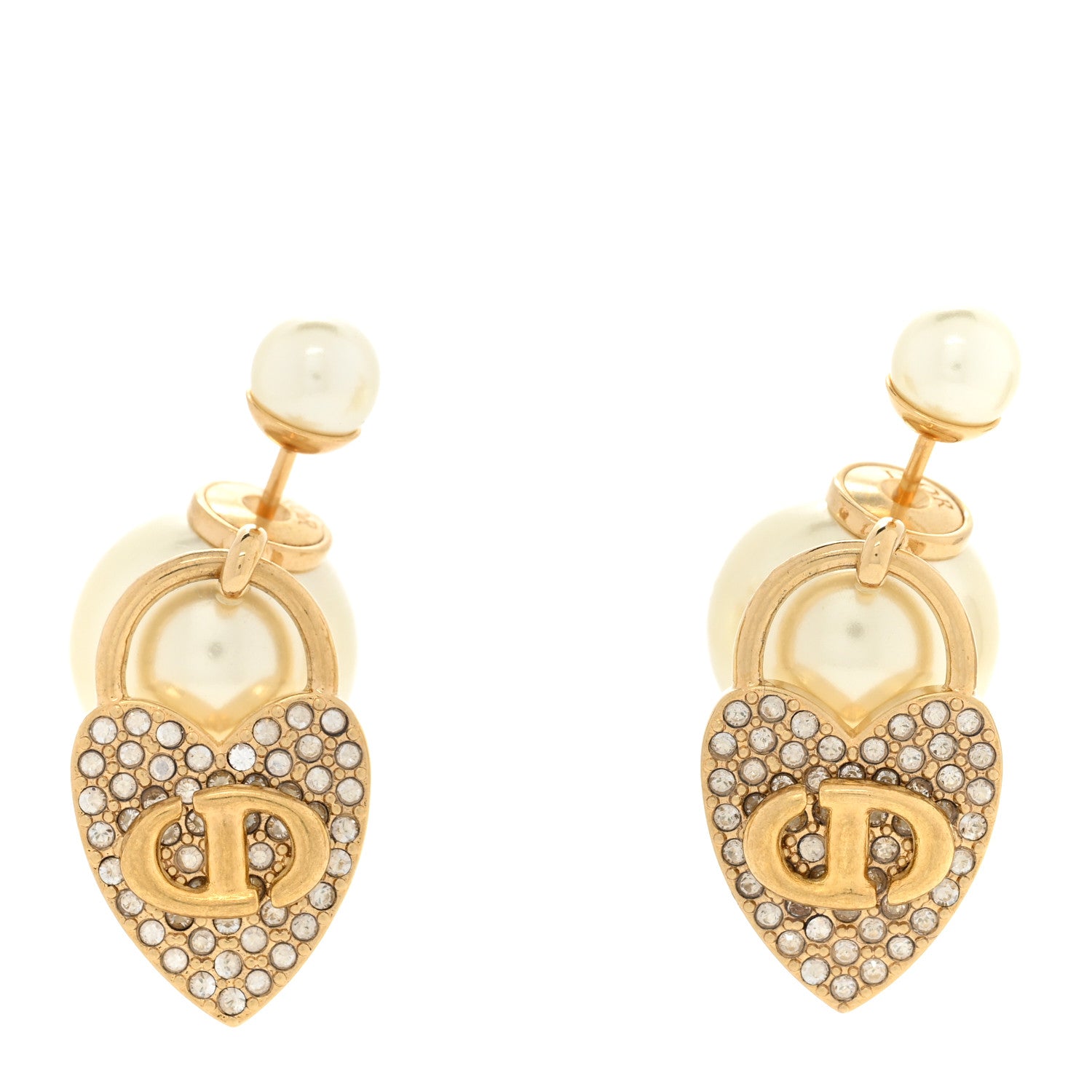 Christian Dior Pearl Crystal Dior Heart Tribales Drop Earrings Gold 1 of 5