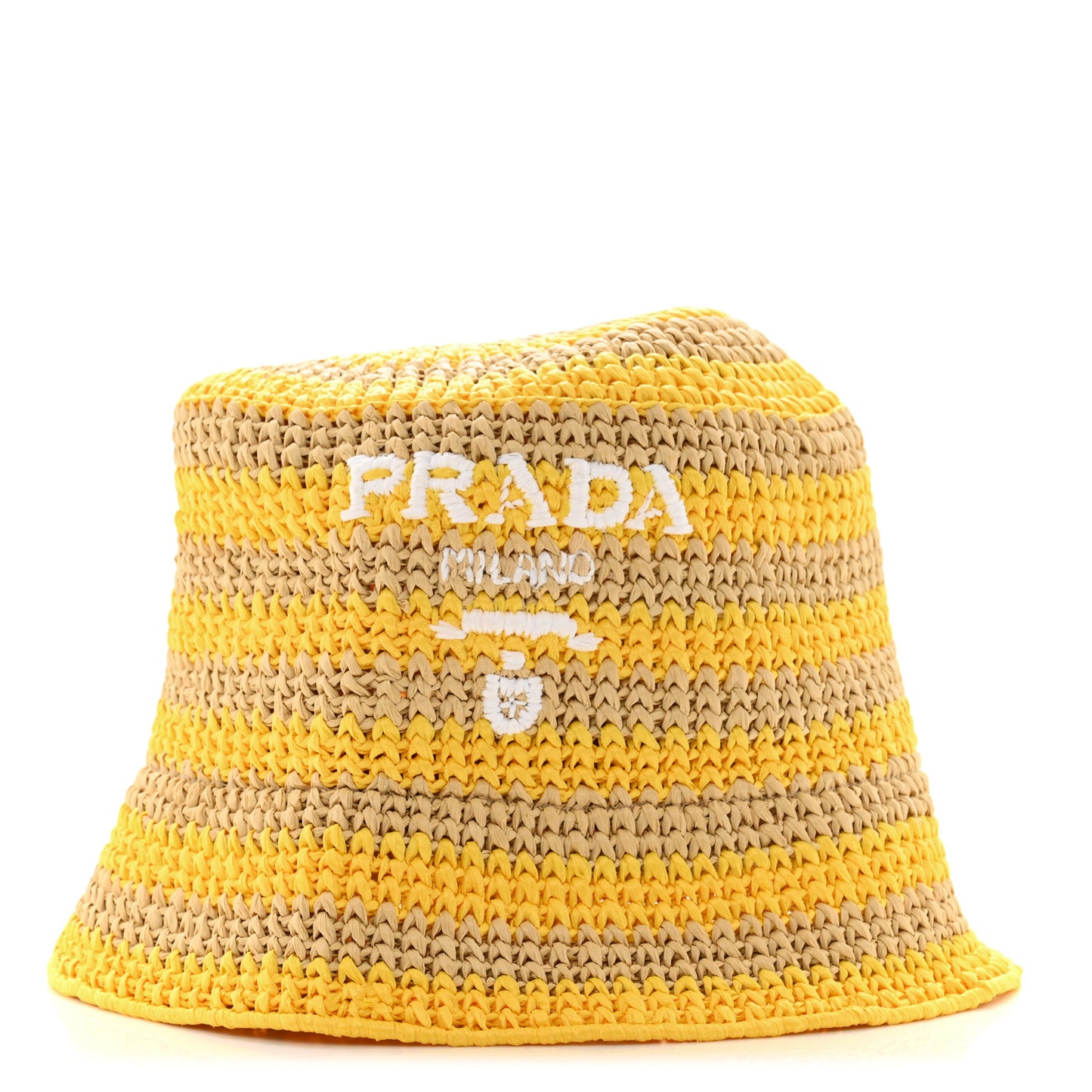Raffia Striped Logo Embroidered Womens Bucket Hat M Naturale Giallo
