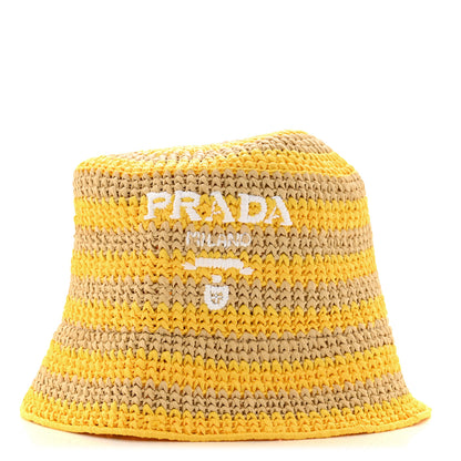 Prada Raffia Striped Logo Embroidered Womens Bucket Hat M Naturale Giallo 1 of 8