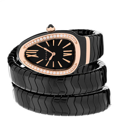 Bulgari 18K Rose Gold Ceramic Diamond Bezel 35mm Serpenti Tubogas Double Spiral Quartz Watch Black 2 of 4