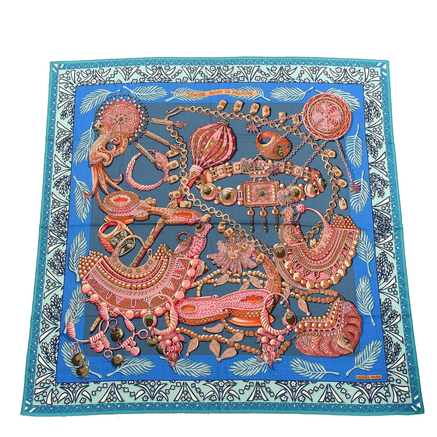 Hermes Cashmere Silk Zenobie Reine De Palmyre Shawl 140 Turquoise Rose Gris Bleuete 1 of 4