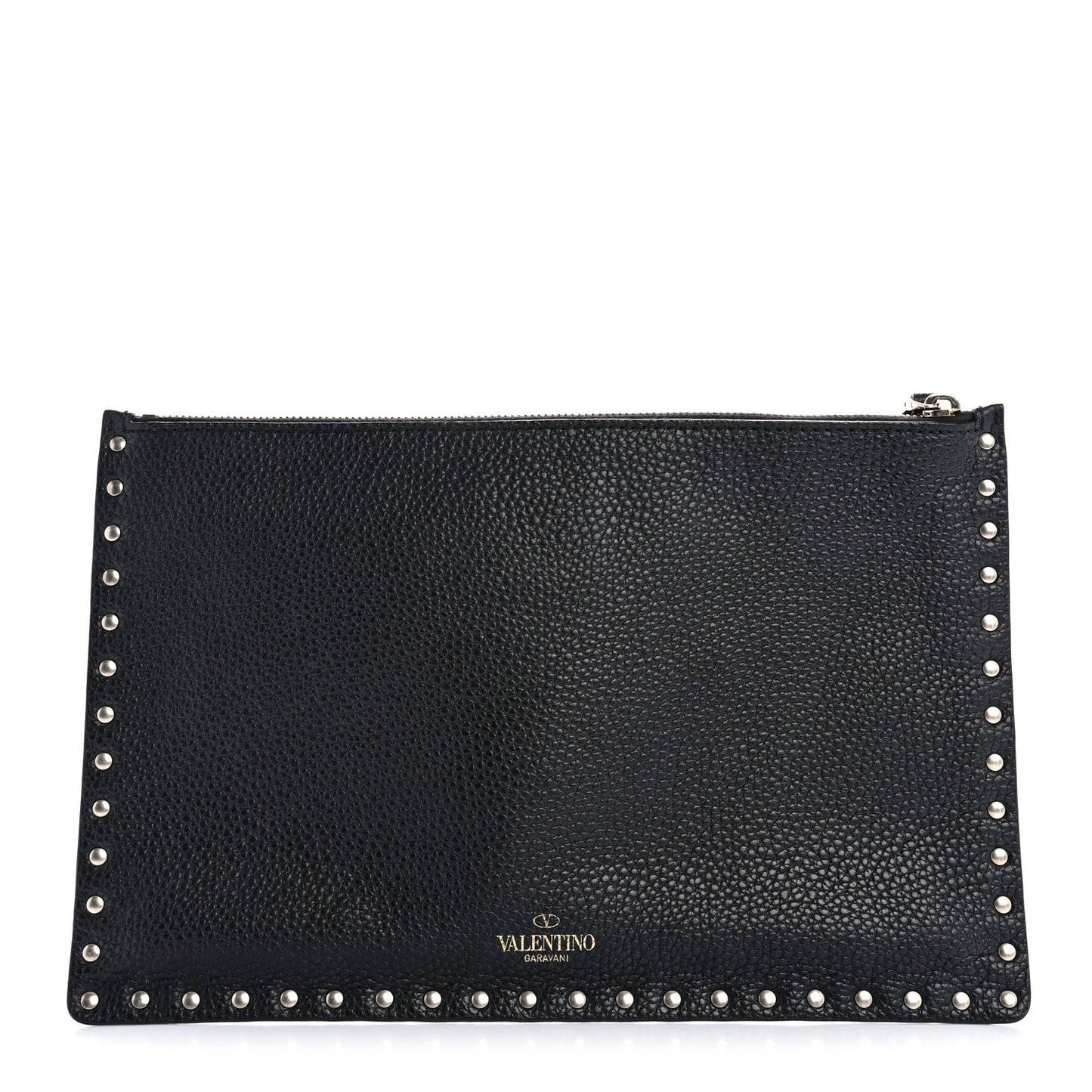 Pebbled Calfskin Large Rockstud Zip Pouch Black