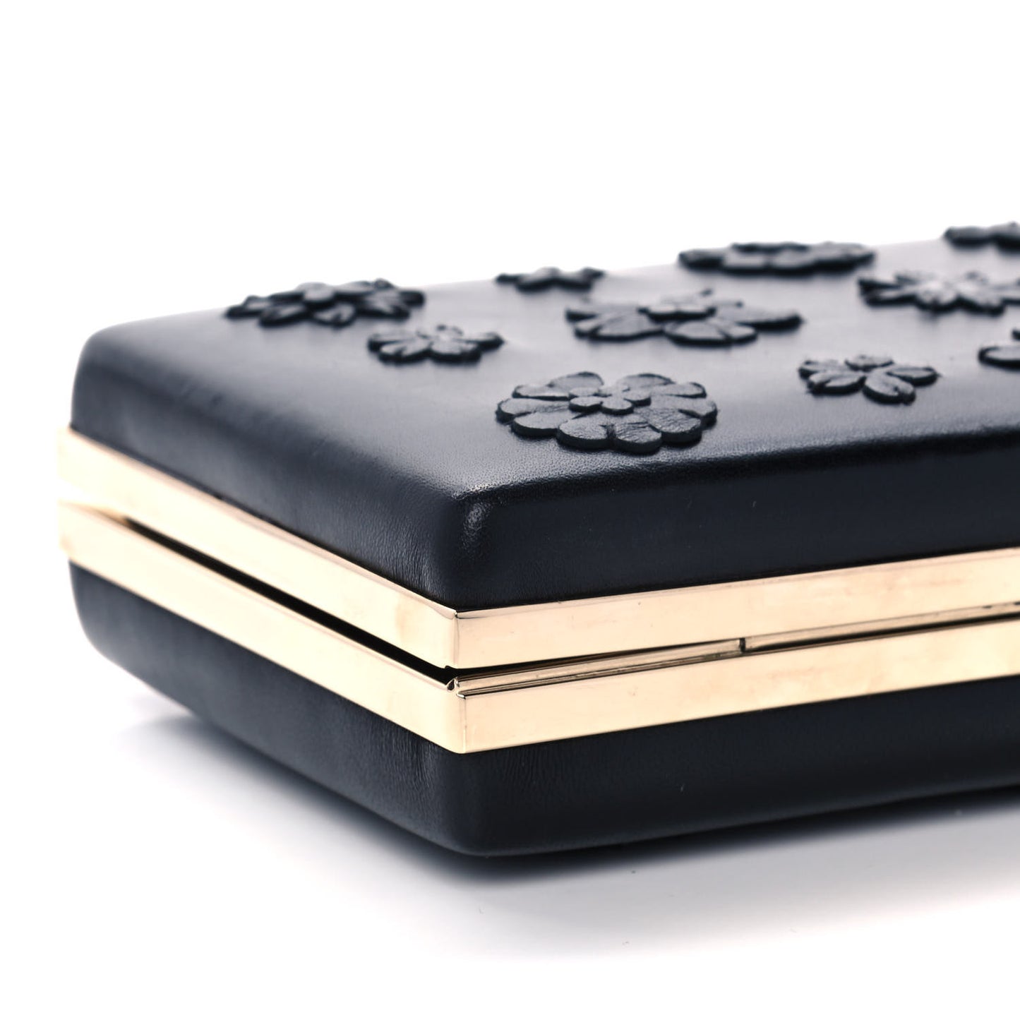 Nappa Floral Applique Minaudiere Clutch Black