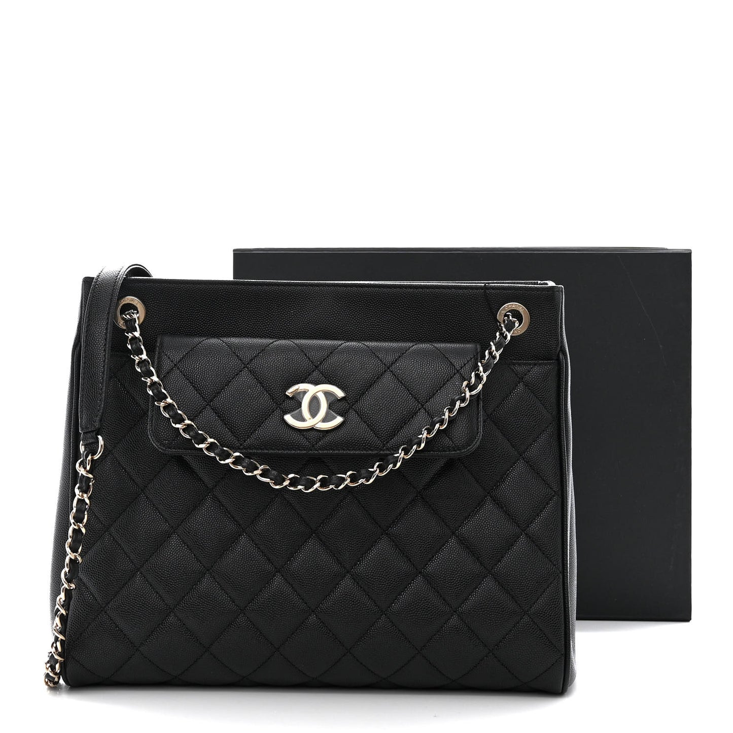 Caviar Quilted In Out Flap Shopping Tote Black
