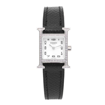 Hermes Stainless Steel Epsom Diamond Bezel Mother of Pearl 17.2mm Heure H Hour Quartz Watch Noir 1 of 5