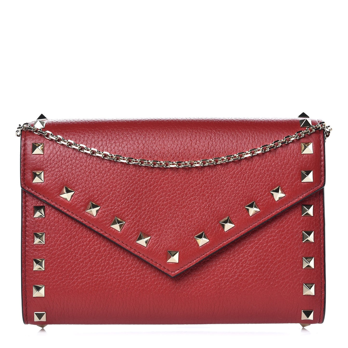 Pebbled Calfskin Rockstud Envelope Wallet on Chain Rosso Valentino