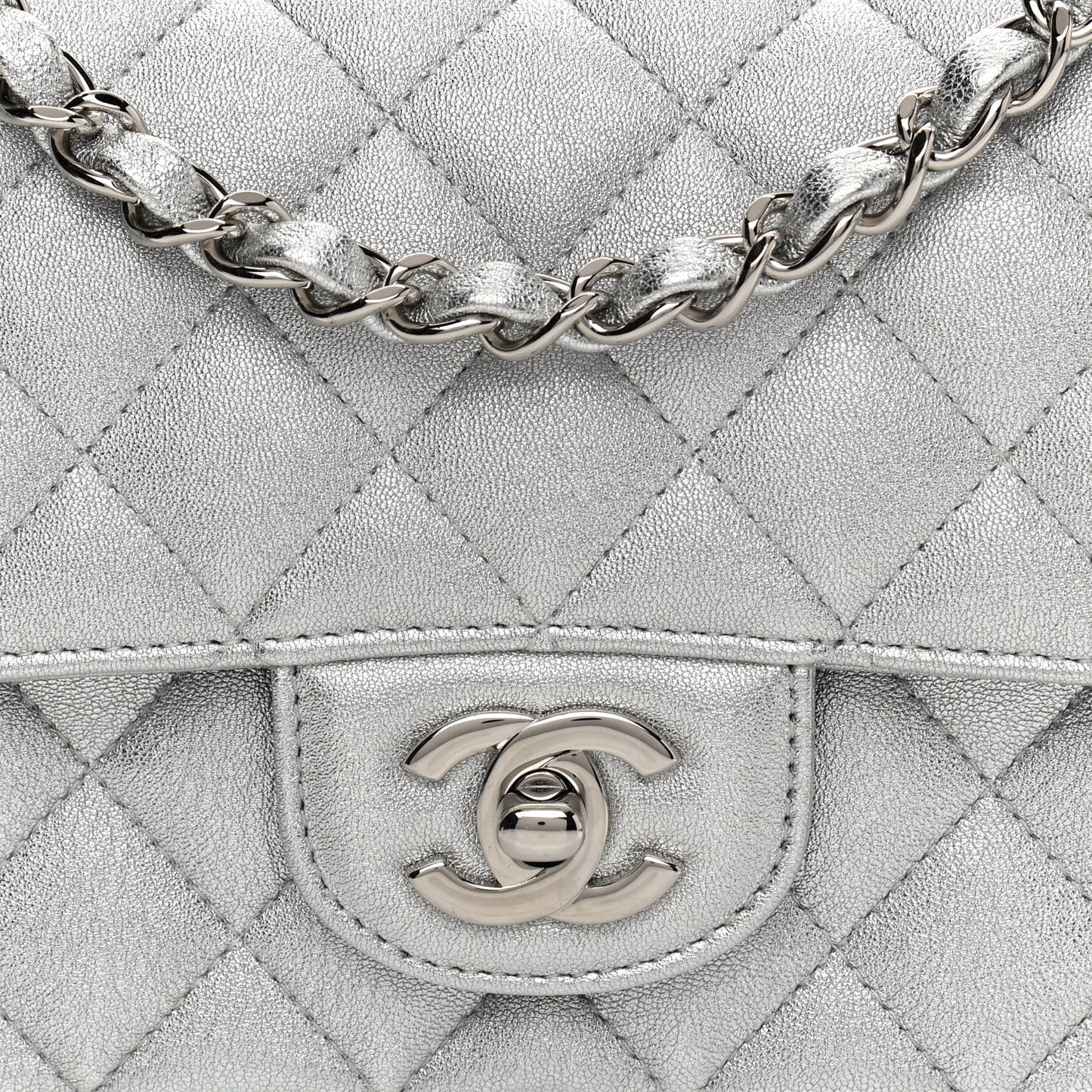 Metallic Lambskin Quilted Mini Rectangular Flap Silver