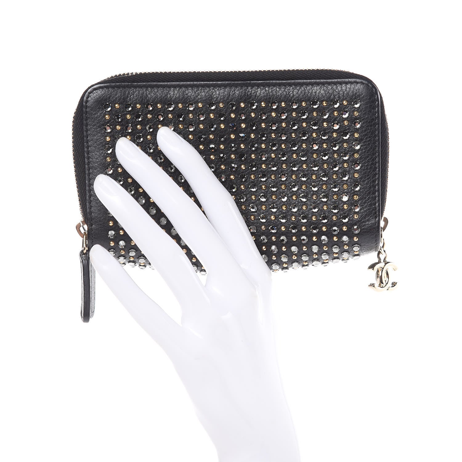 Chanel Bullskin Strass Studded Zip Around Phone Holder Black 2 of 8