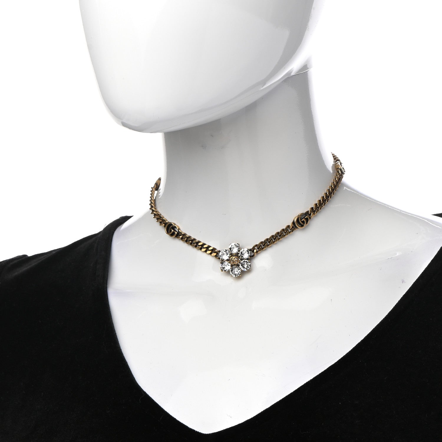 Gucci Crystal Embellished Double G Necklace Aged Gold 2 of 7