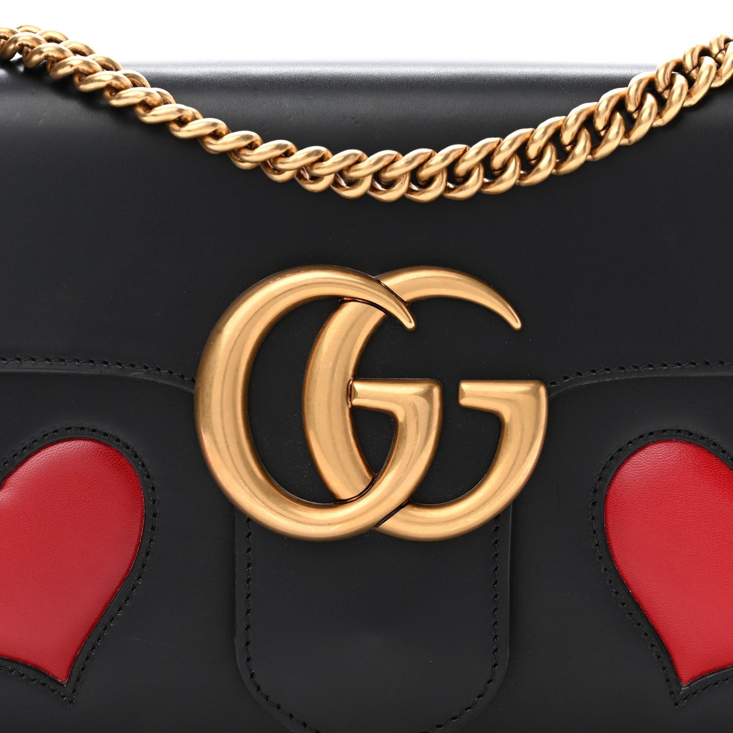Knight Calfskin Malaga Kid Heart Medium GG Marmont Chain Handle Bag Black Hibiscus Red Multicolor