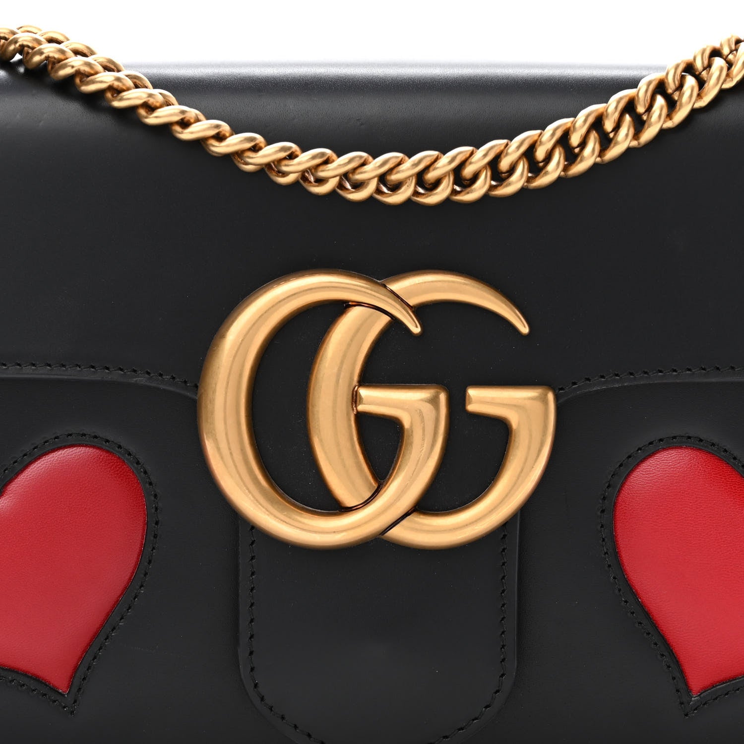 Gucci Knight Calfskin Malaga Kid Heart Medium GG Marmont Chain Handle Bag Black Hibiscus Red Multicolor 8 of 10