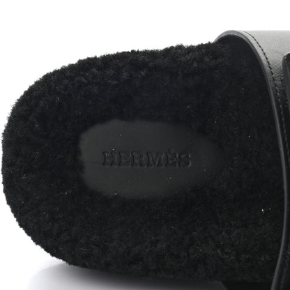 Hermes Calfskin Woolskin Womens Chypre Sandals 37 Black 7 of 9