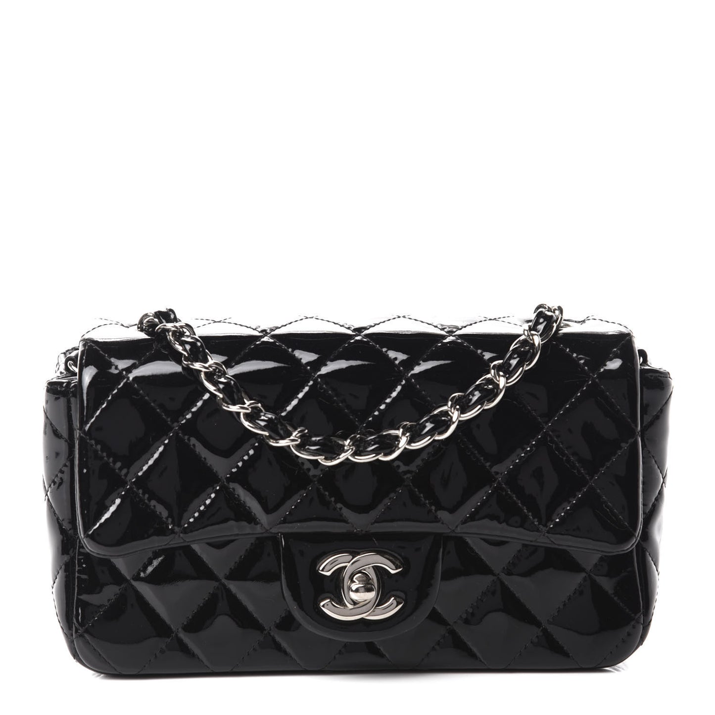 Patent Calfskin Quilted Mini Rectangular Flap Black