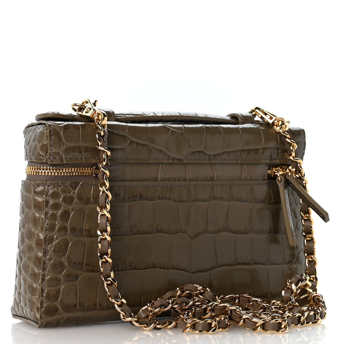 Chanel Calfskin Crocodile Embossed Top Handle Trapeze Small Vanity Case With Chain  Dark Khaki 3 of 10
