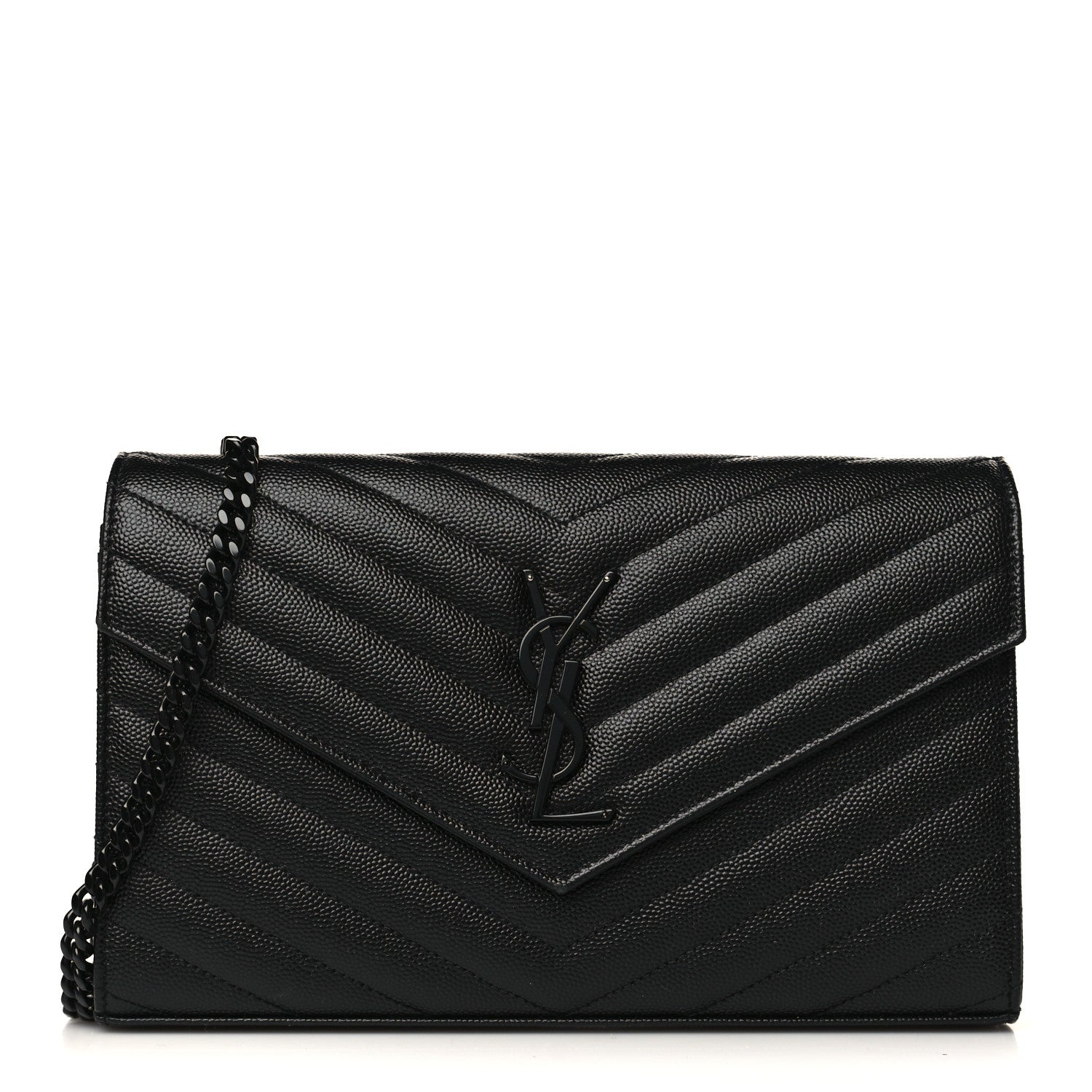 Saint Laurent Grain De Poudre Matelasse Chevron Monogram Monochrome Chain Wallet Black 1 of 9