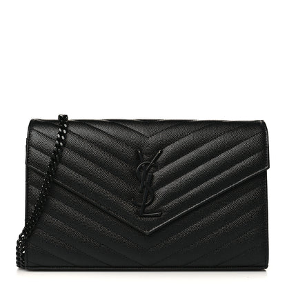 Saint Laurent Grain De Poudre Matelasse Chevron Monogram Monochrome Chain Wallet Black 1 of 9