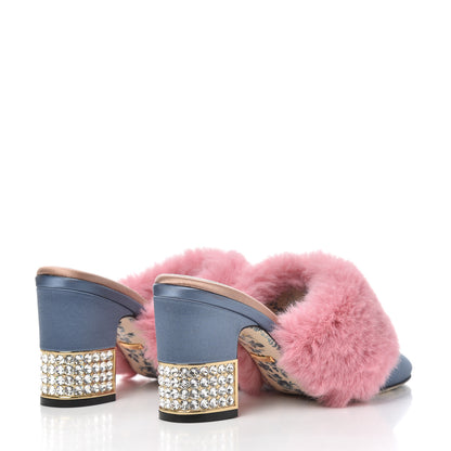Gucci Faux Fur Silk Satin Crystal Candy Mules 38 Rosa Carta Zucchero 4 of 14