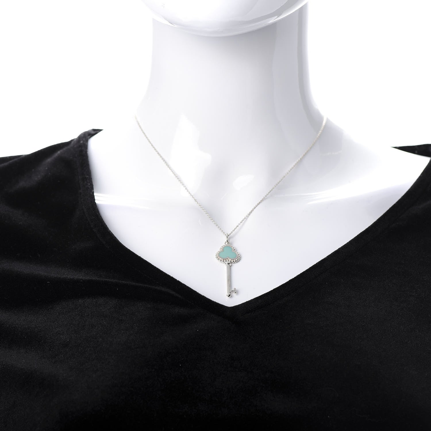 Tiffany Sterling Silver Enamel Beaded Trefoil Key Pendant Necklace Blue 2 of 7