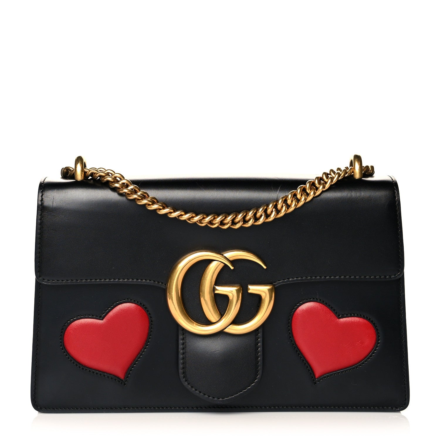 Gucci Knight Calfskin Malaga Kid Heart Medium GG Marmont Chain Handle Bag Black Hibiscus Red Multicolor 1 of 18