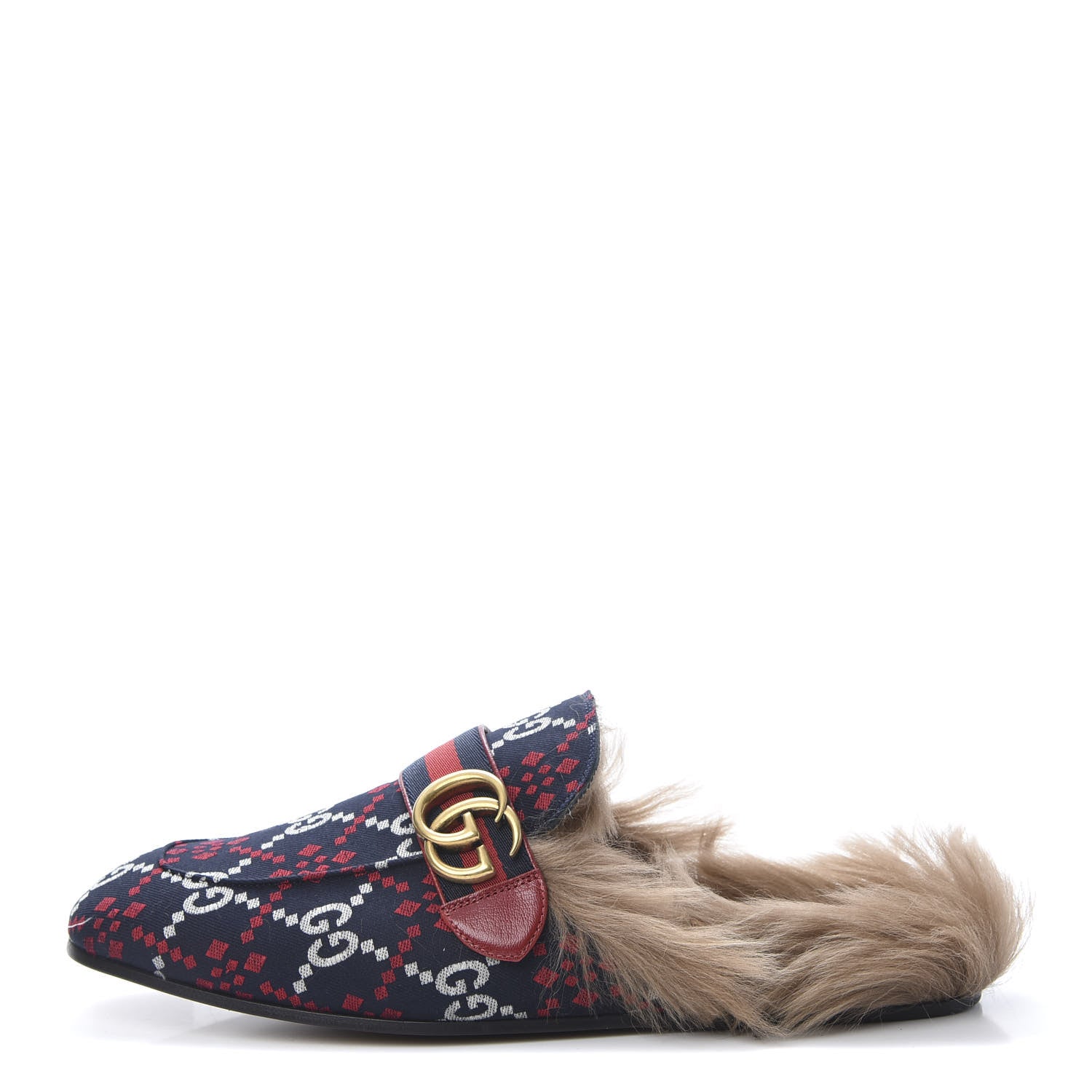 Gucci Canvas GG Monogram Diamond Fur Web GG Mens Princetown Slippers 8.5 Midnight Blue Hibiscus Red 1 of 8