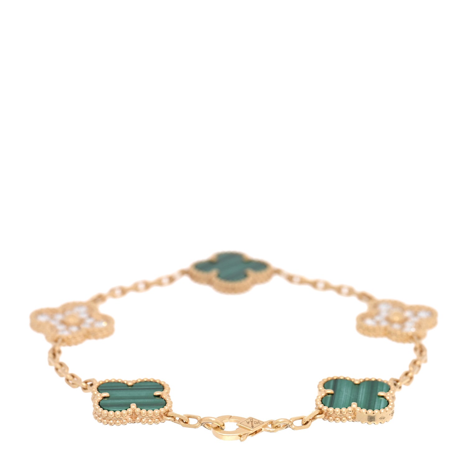 Van Cleef & Arpels 18K Yellow Gold Diamond Malachite 5 Motifs Vintage Alhambra Bracelet 2 of 3