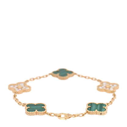 Van Cleef & Arpels 18K Yellow Gold Diamond Malachite 5 Motifs Vintage Alhambra Bracelet 2 of 3