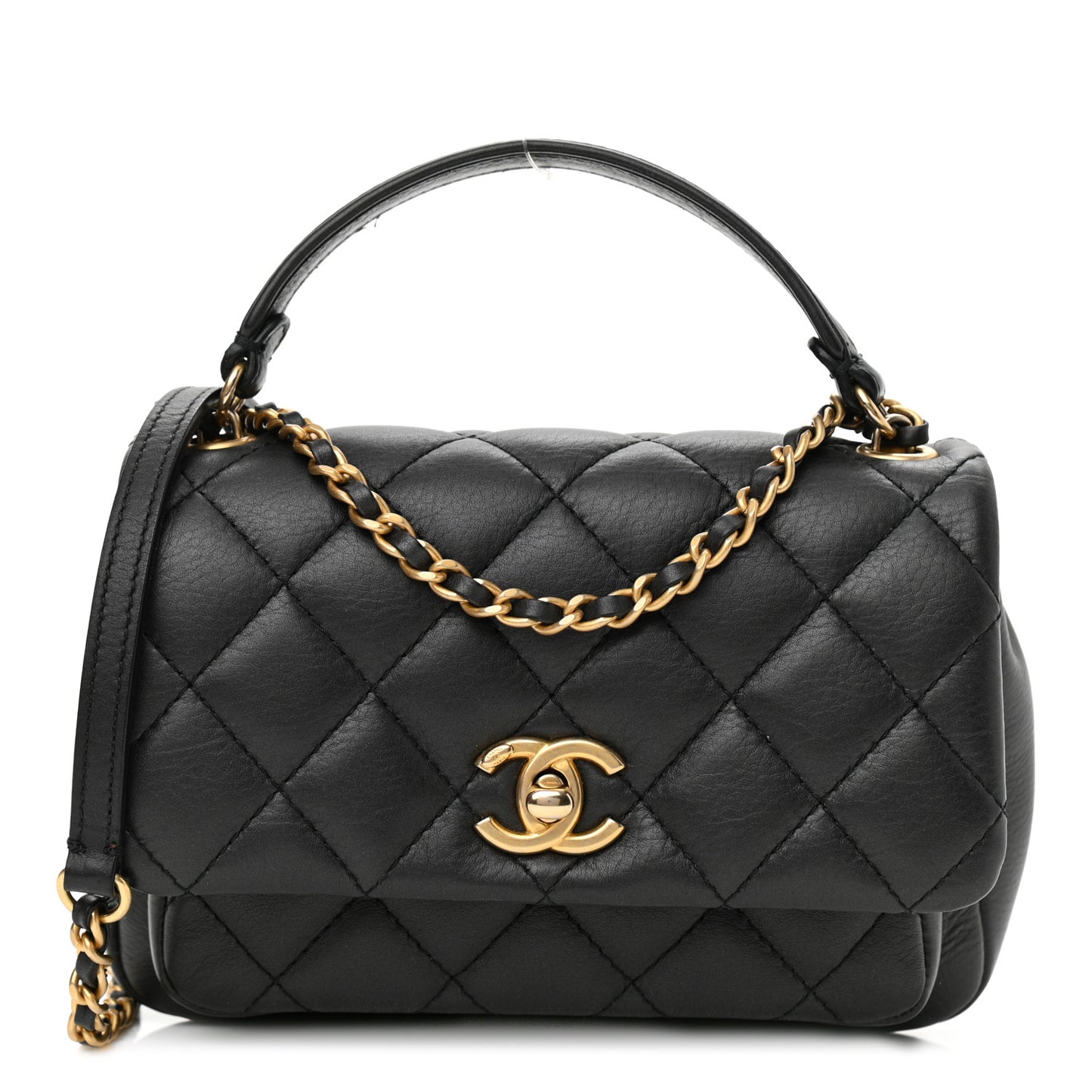 Calfskin Quilted Top Handle Flap Black