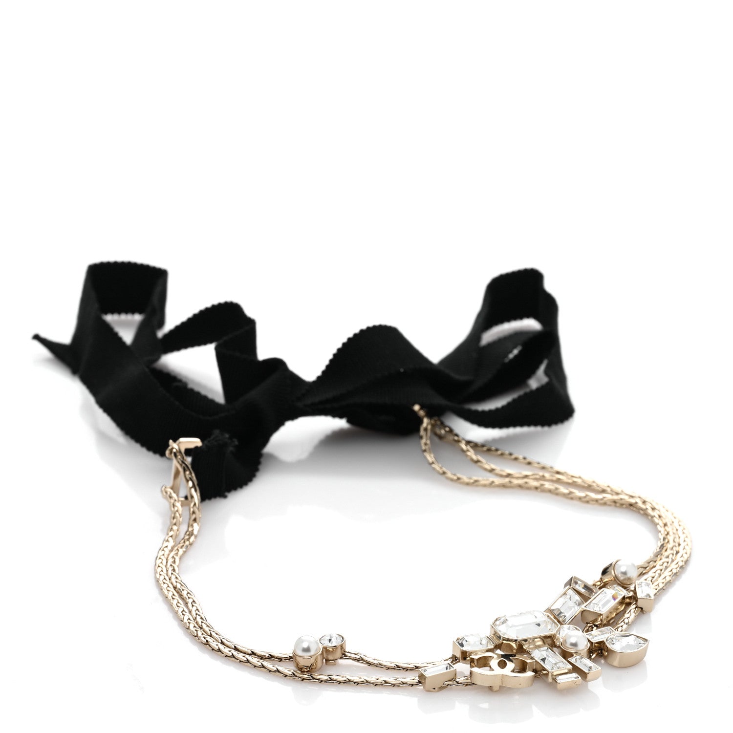 Chanel Metal Crystal Pearl Grosgrain CC Chain Tie Headband Gold 1 of 4
