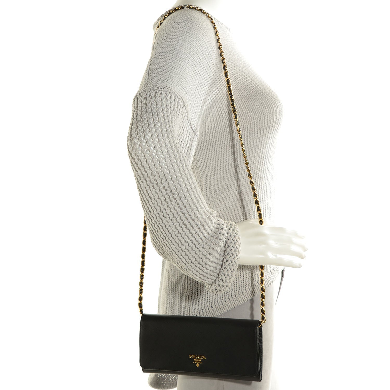 Prada Saffiano Metal Oro Chain Wallet Nero Black 2 of 8