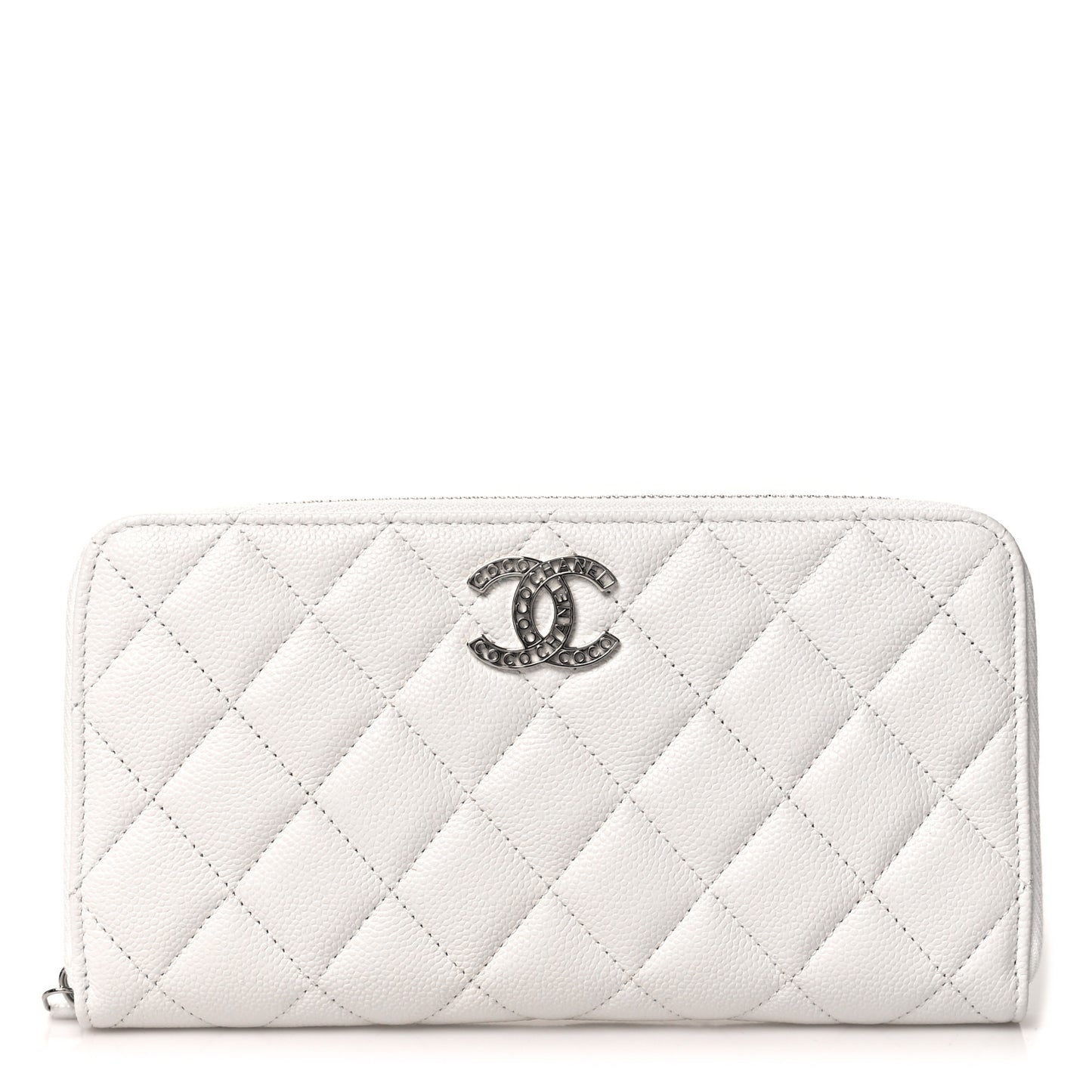 Caviar Quilted Coco Chanel Logo CC Large Gusset Zip Around Wallet White