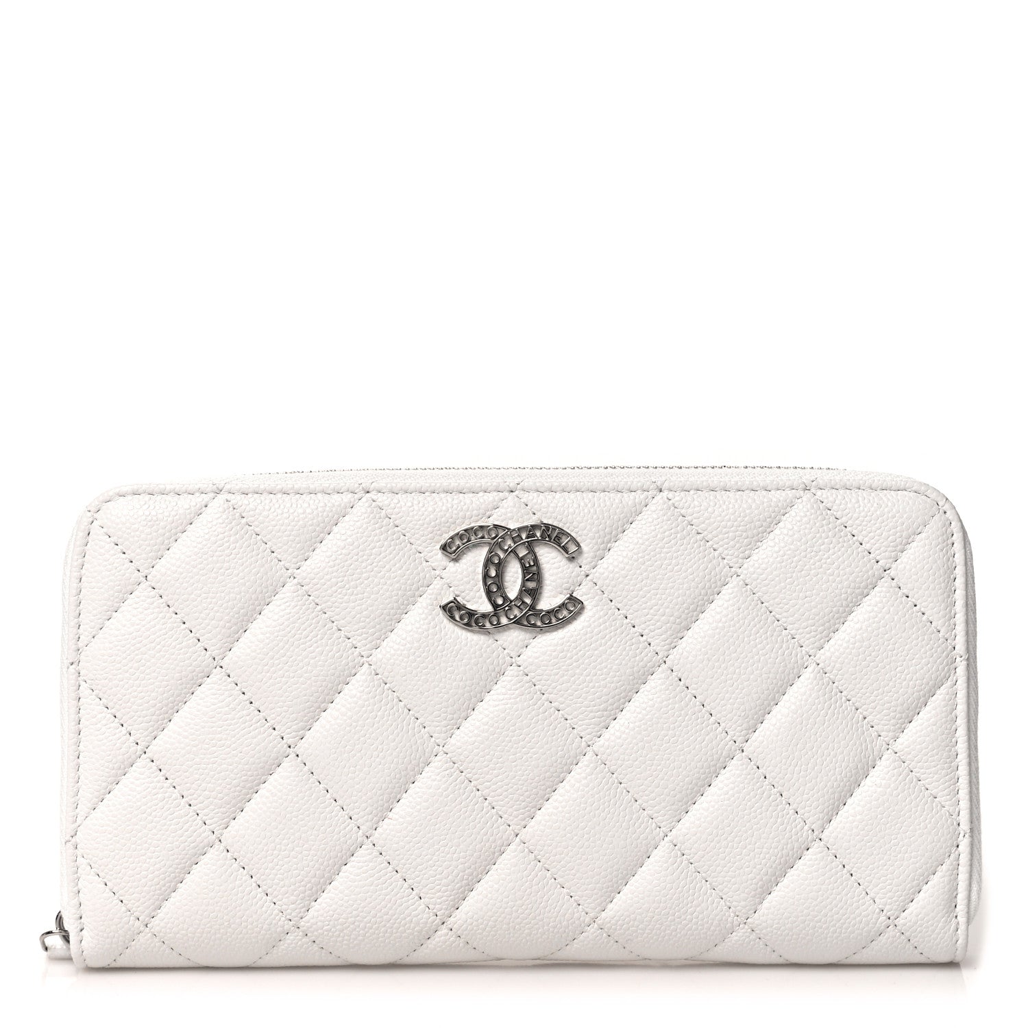 Chanel Caviar Quilted Coco Chanel Logo CC Large Gusset Zip Around Wallet White 1 of 9