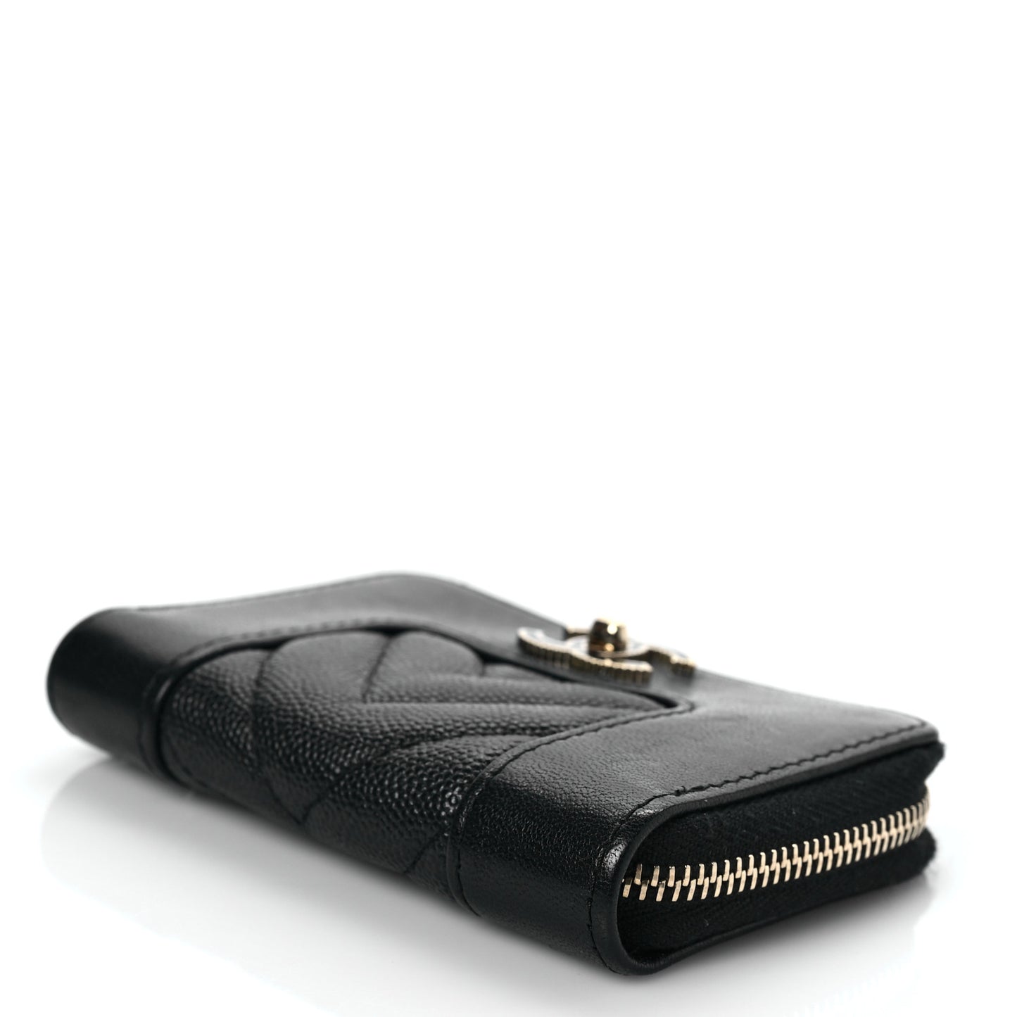 Caviar Sheepskin Chevron Quilted Vintage Mademoiselle Zip Coin Purse Black