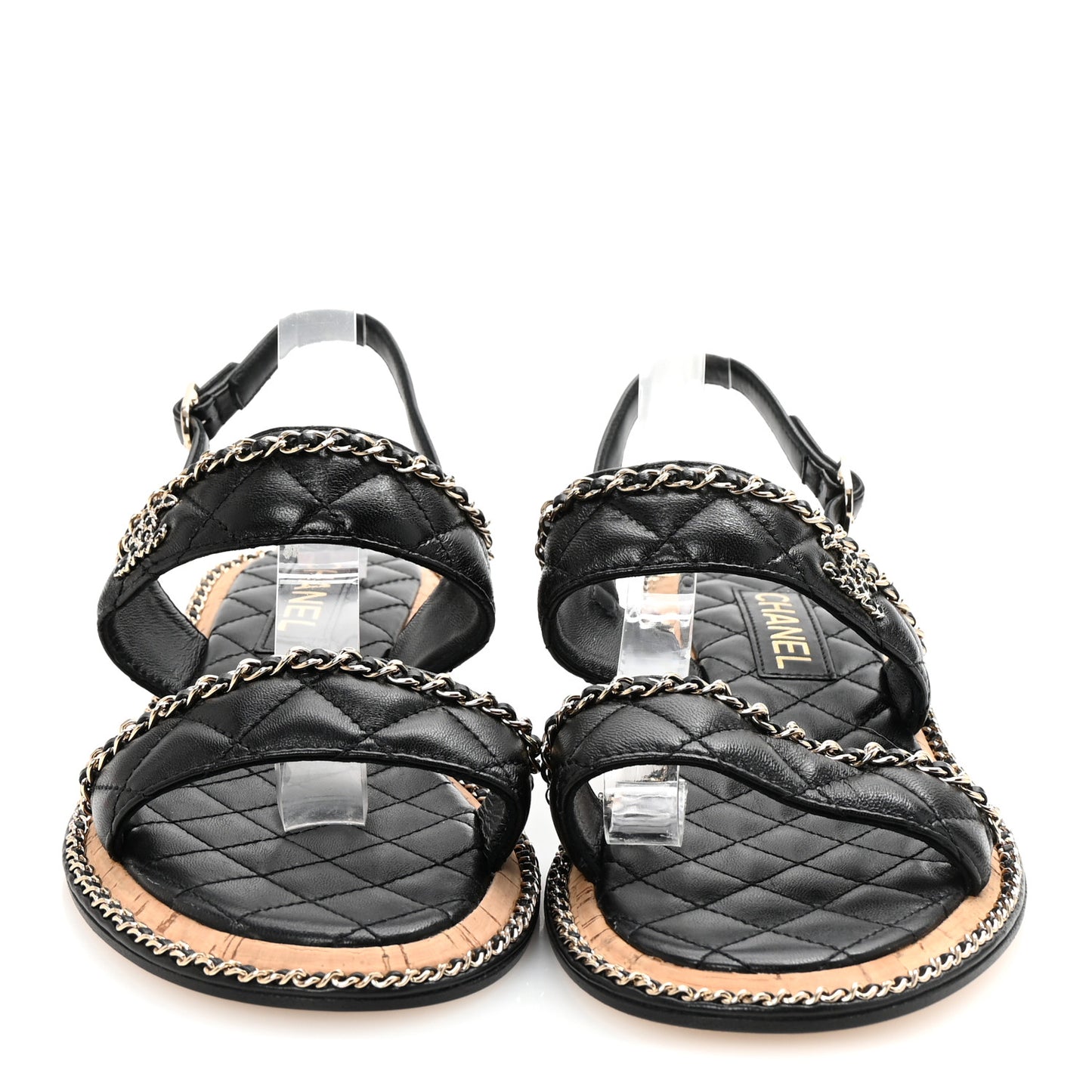 Shiny Lambskin Quilted Chain CC Sandals 41 Black