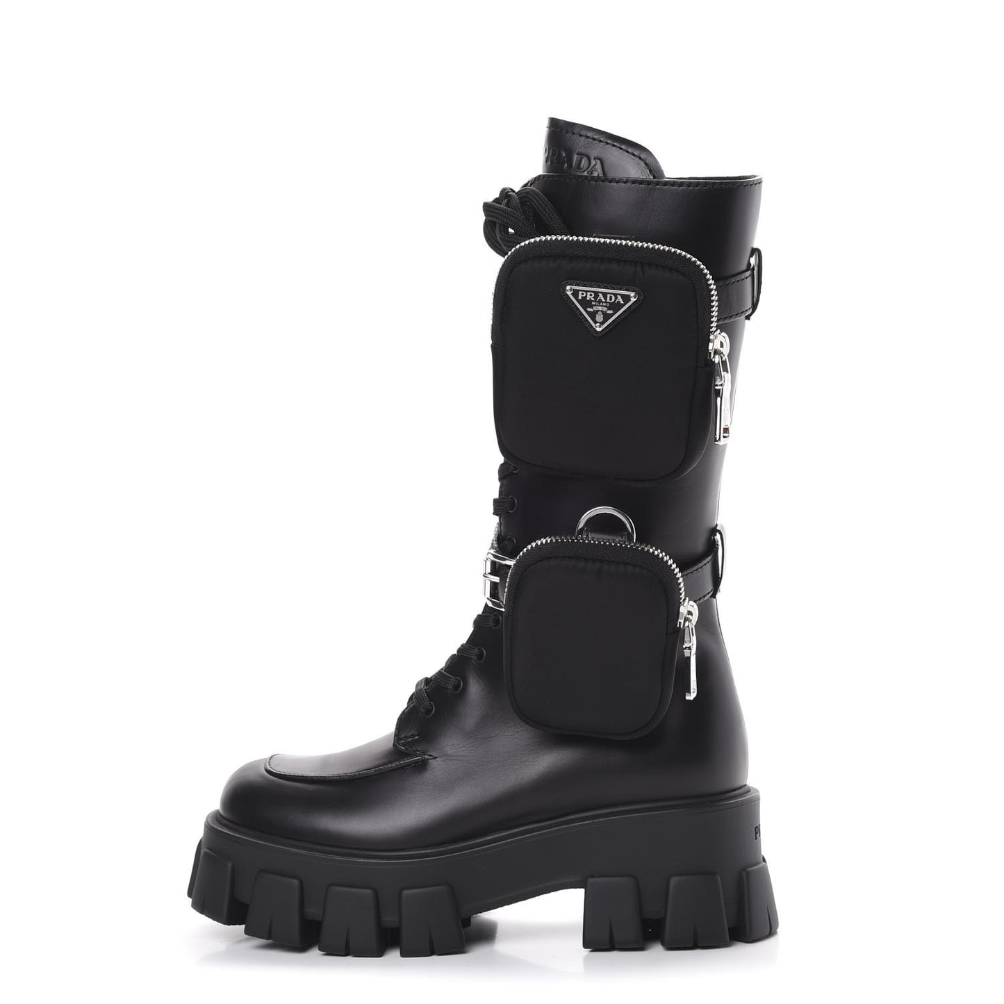 Vitello Lux Nylon Metal Triangle Logo Monolith Pouch Pocket 55mm Tall Combat Boots 35 Black