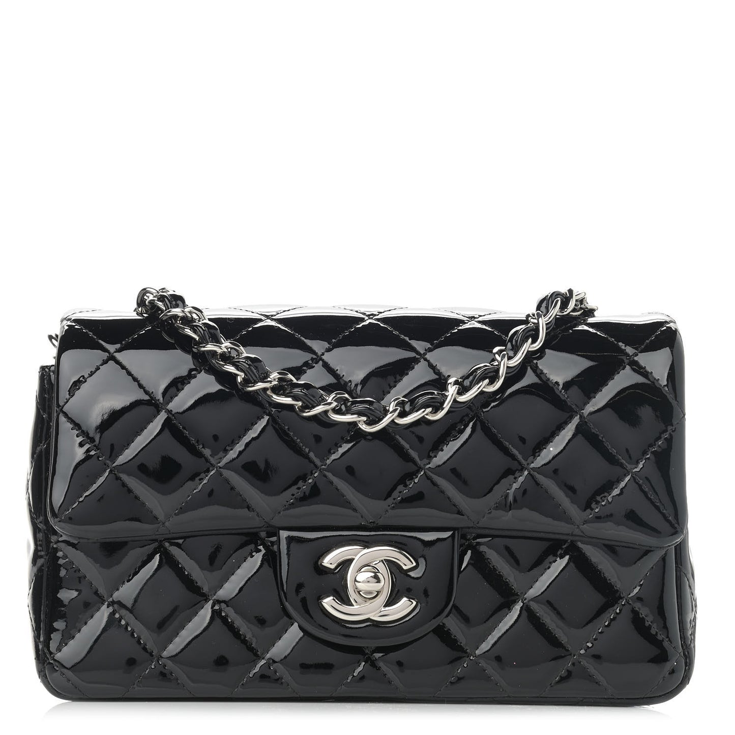 Patent Calfskin Quilted Mini Rectangular Flap Black