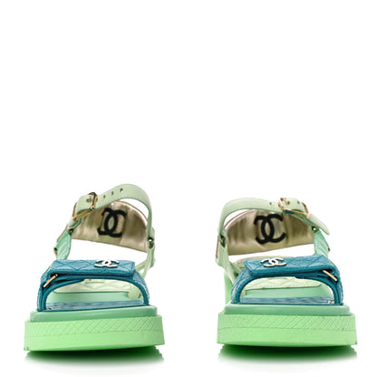 Chanel Lambskin Logo Platform Sandals 39 Turquoise Green Gold 2 of 10