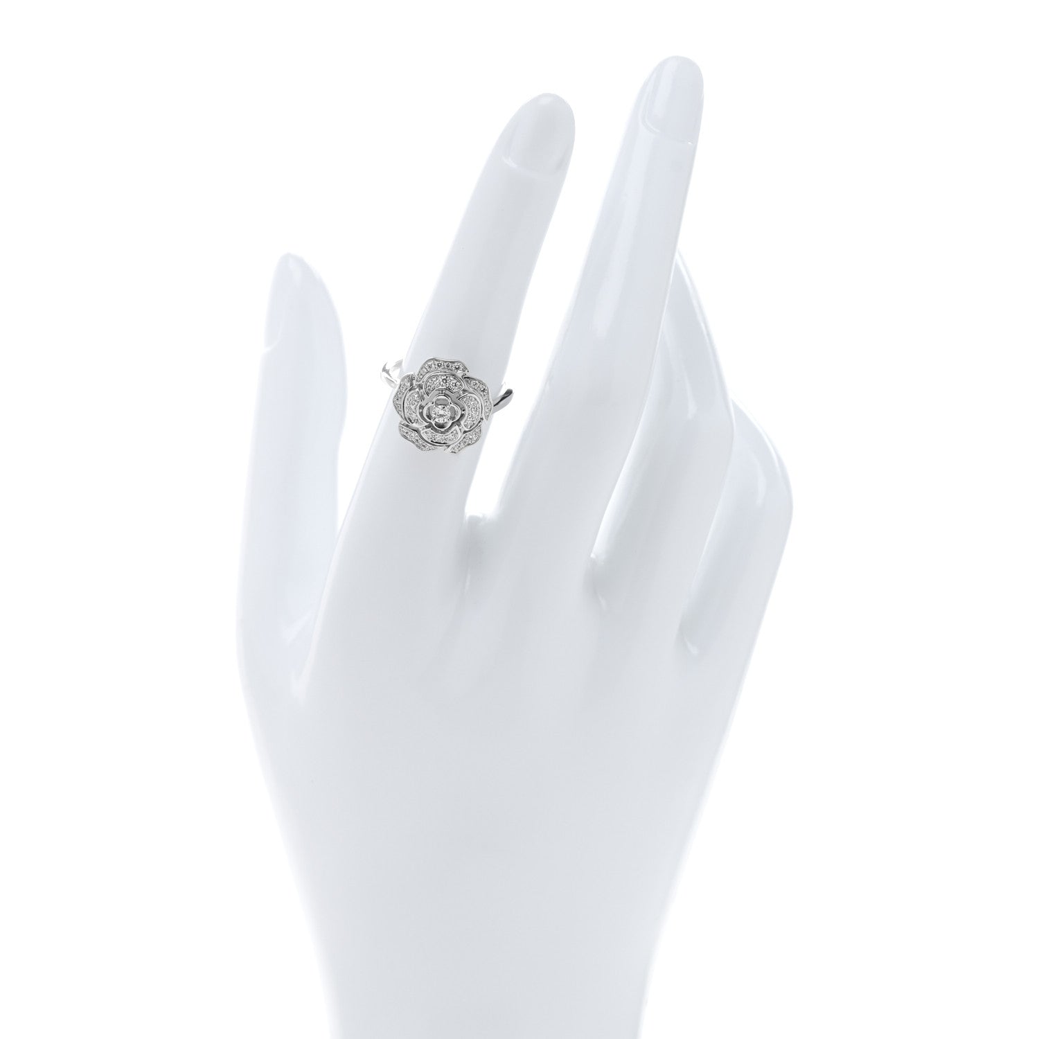 Chanel 18K White Gold Diamond Small Bouton de Camelia Ring 52 6 2 of 5