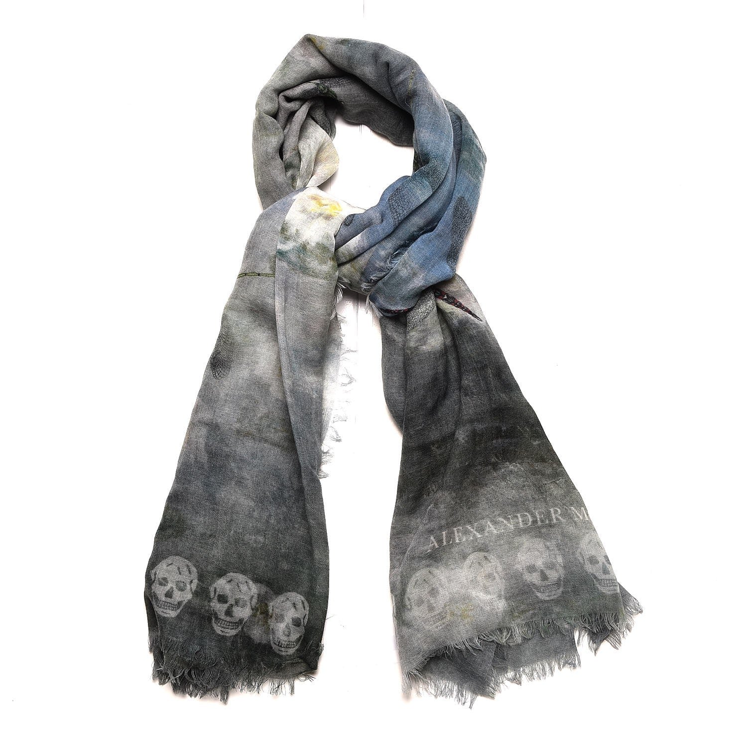 Alexander McQueen Wool Cashmere Skull Waterlily Scarf Green 1 of 6