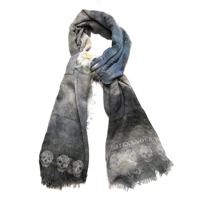 Alexander McQueen Wool Cashmere Skull Waterlily Scarf Green 1 of 6