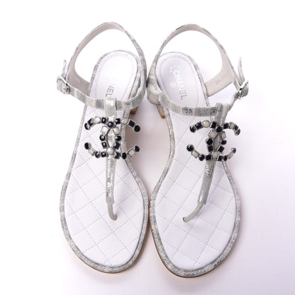 Chanel Laminated Suede Goatskin CC Thong Sandals 38 White Silver 5 of 10