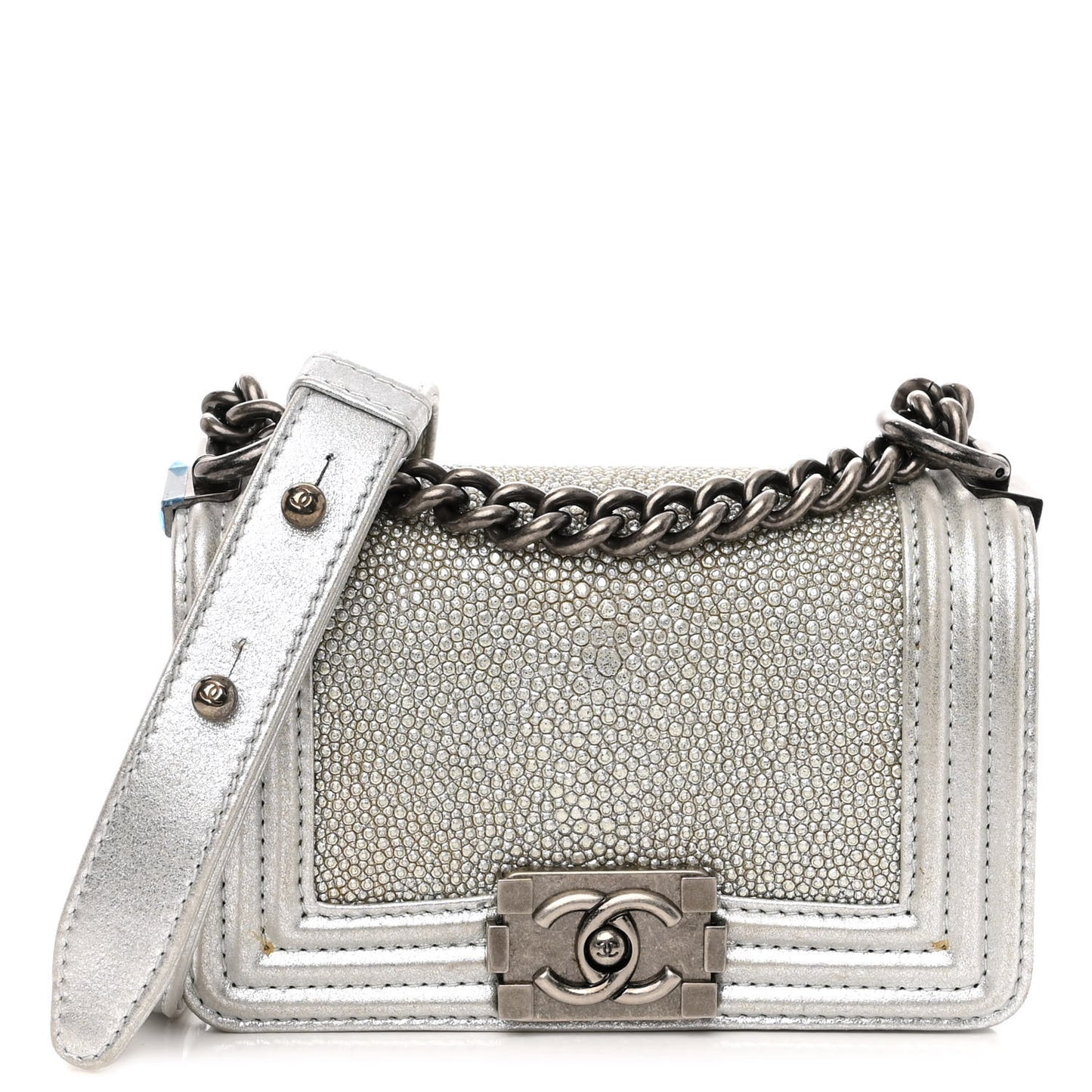 Metallic Galuchat Stingray Mini Boy Flap Silver