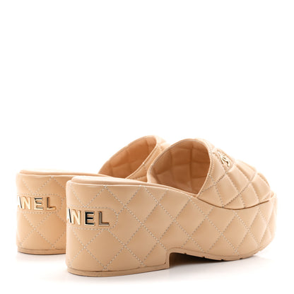 Chanel Lambskin Quilted CC Mules Wedge Sandals 39 Beige 5 of 10