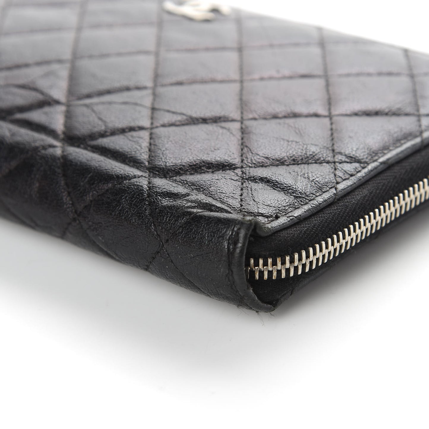 Calfskin Quilted Large Zip Around Organizer Wallet Black