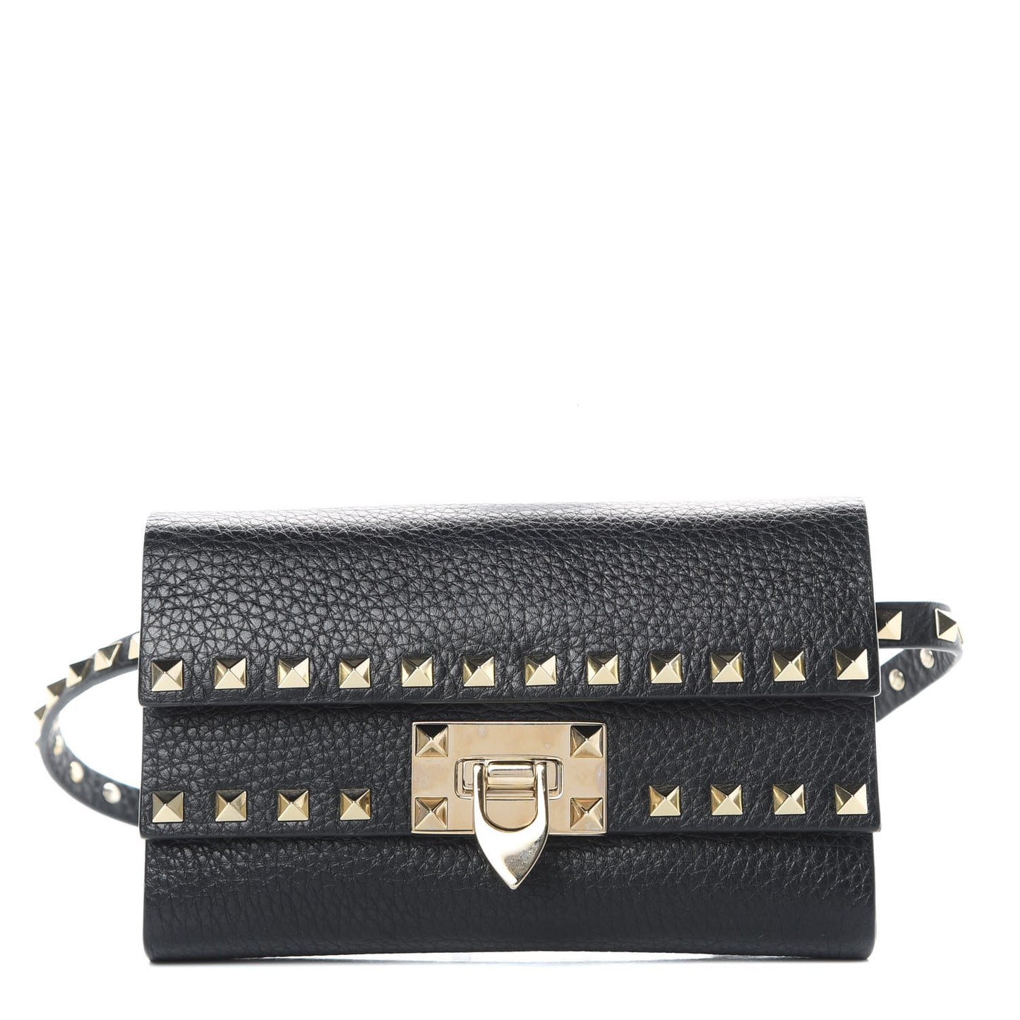 Grainy Calfskin Rockstud Double Flap Belt Bag Black