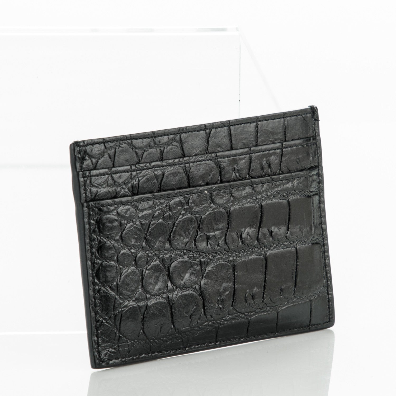 Saint Laurent Calfskin Crocodile Embossed Monogram Credit Card Case Black 3 of 7